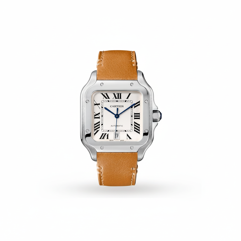 Cartier Santos de Cartier White Dial Brown Leather Steel