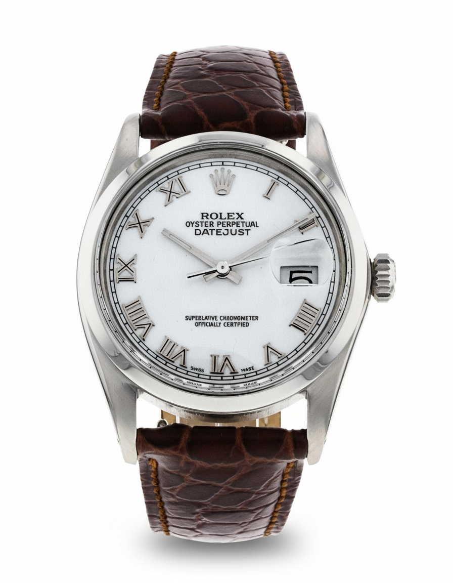 Rolex Datejust 36 White Dial Leather Strap Fluted Bezel