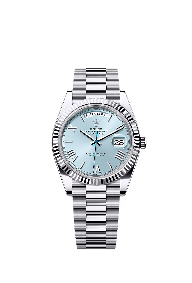 Rolex Day-Date 40 Ice Blue Dial Platinum Fluted Bezel