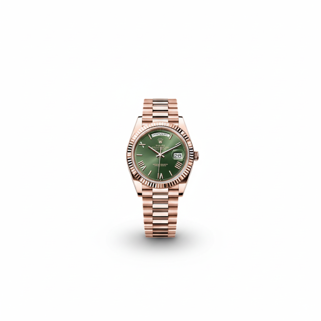 Rolex Day-Date 40 Olive Green Dial Everose Gold Fluted Bezel